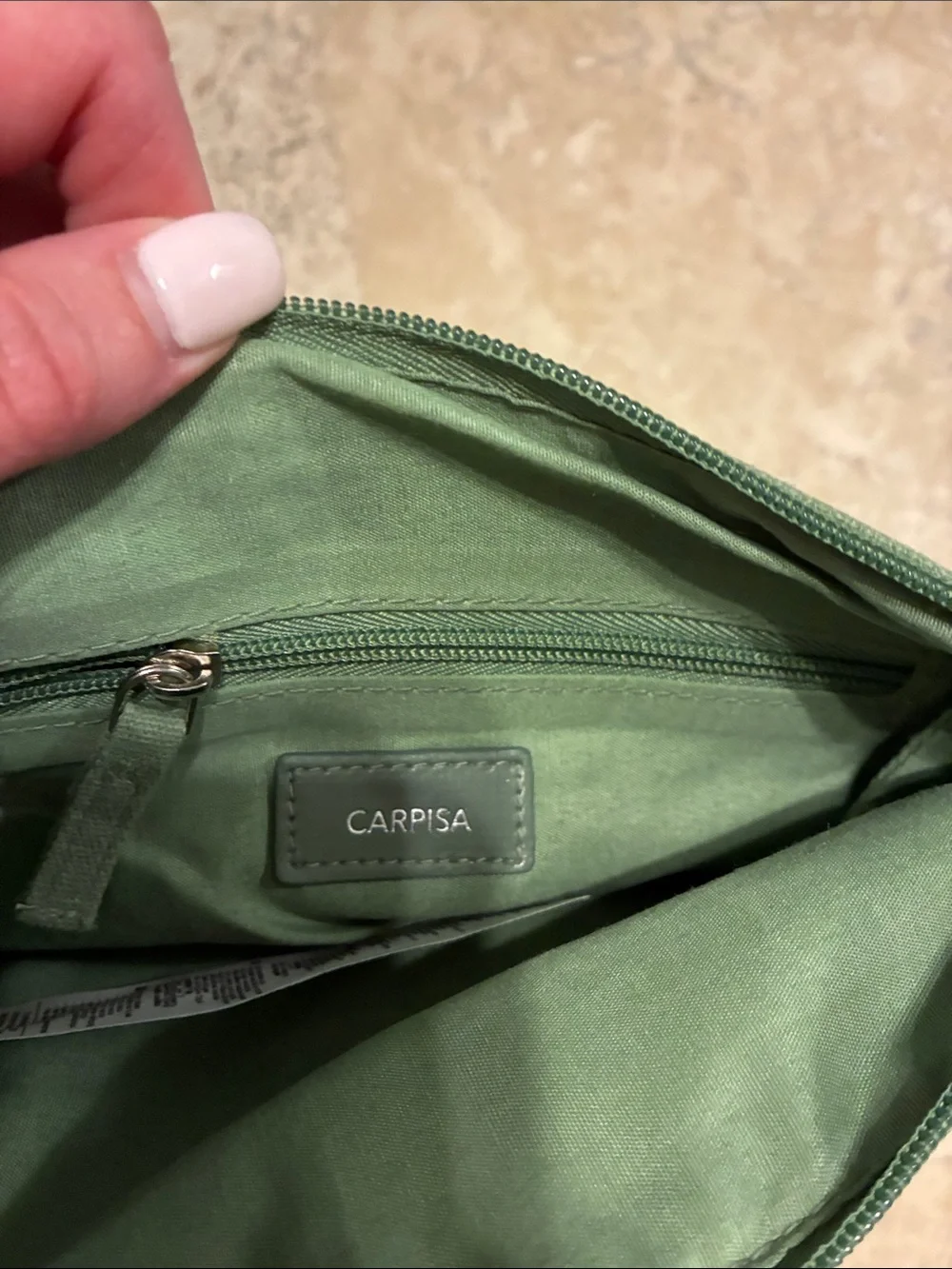 Green Canvas 'Love Me' Cosmetic Pouch with Pink Tassel